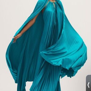 Anthropologie Teal L’IDE’E Boheme Halter Column Keyhole Cape Maxi Dress